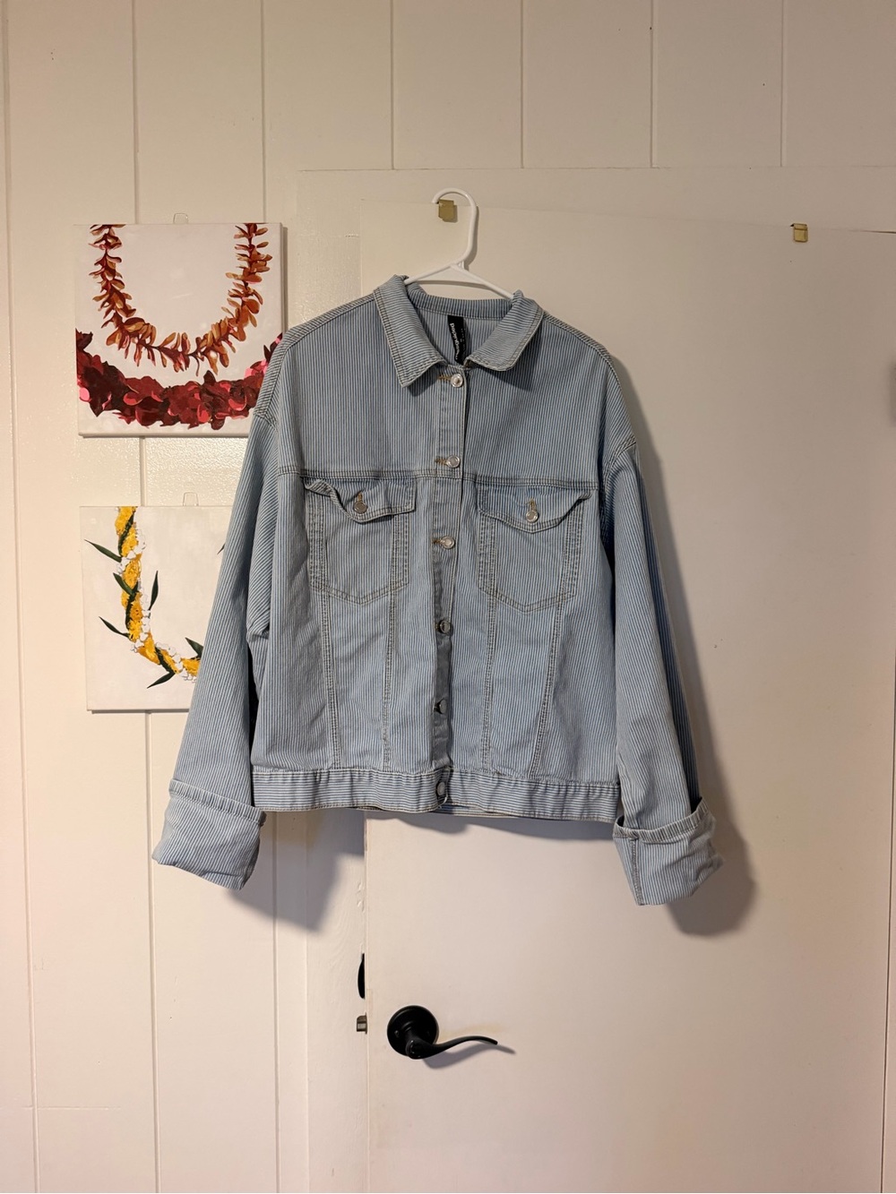 Misguided Oversized Stripped Light Wash Denim Jacket